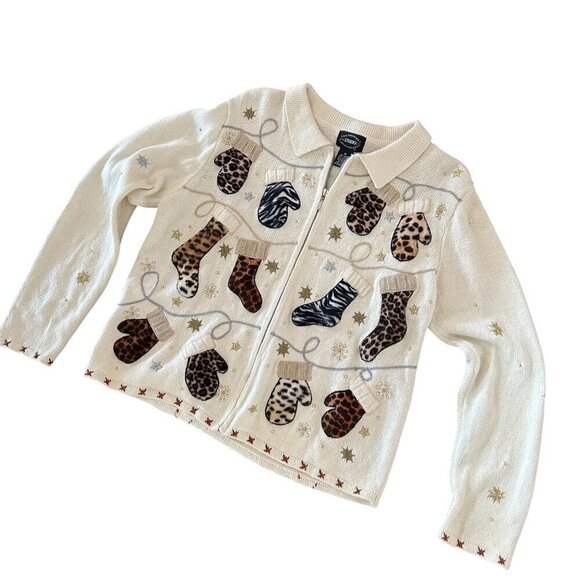 Christmas Animal Print Leopard Cheetah Stocking Full Zip Cardigan Size Medium - Picture 1 of 10